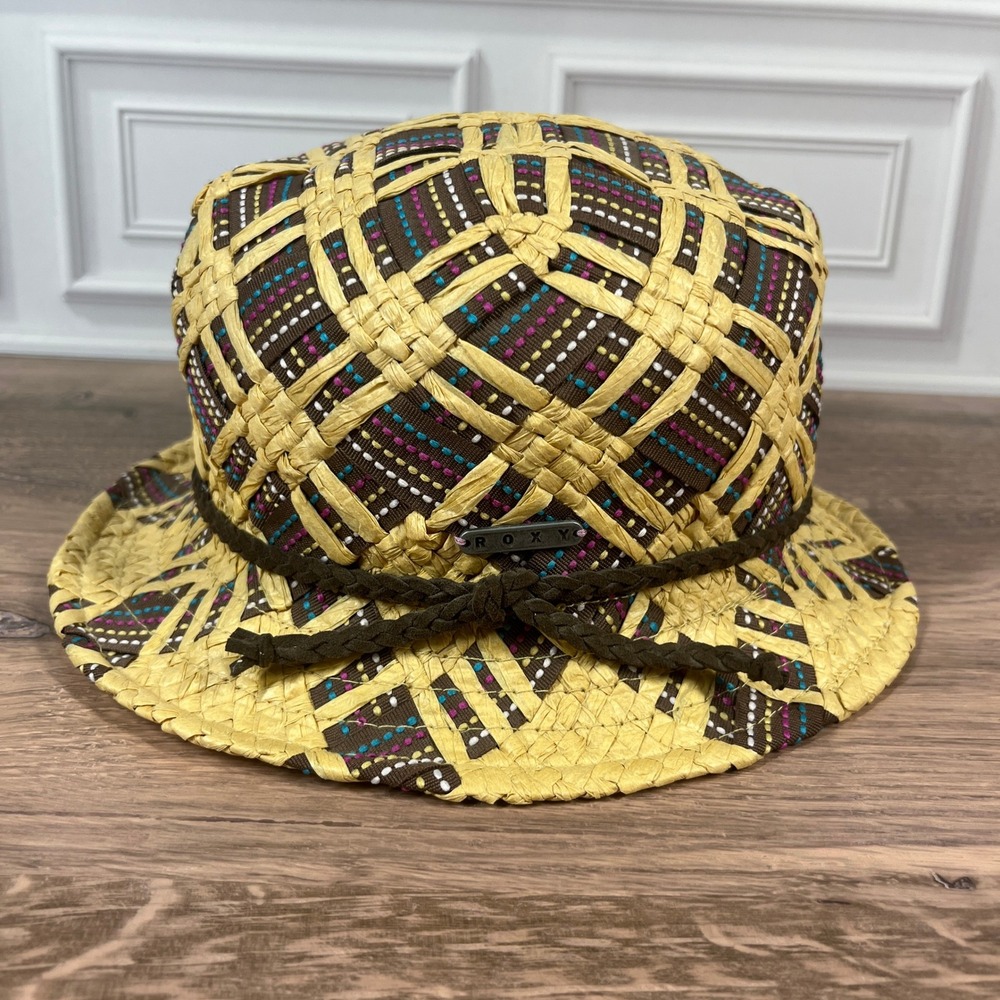 Roxy Straw Bucket Hat Boho Women Yellow Brown Woven Braided Rope Accent OS